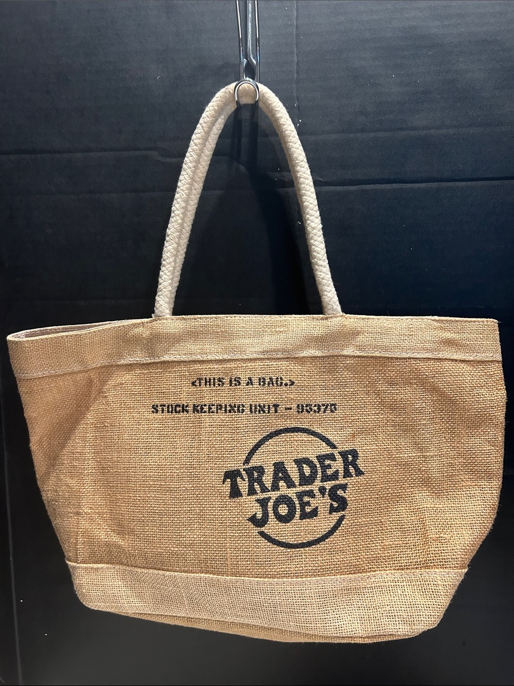 TRADER JOE’s Jute Tote Bag with “THIS IS A BAG" Print Stock Keeping Unit -95375